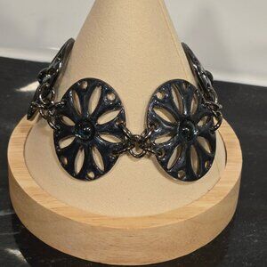 Vintage BABYLONE PARIS Link Bracelet Navy blue Enamel Metal Glass center signed